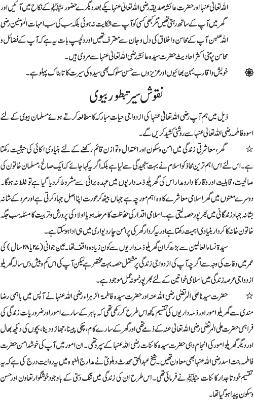 عصر حاضر کی مسلمان عورت کیلئے سیدہ کائنات رضی اللہ عنہا کے نقوشِ سیرت