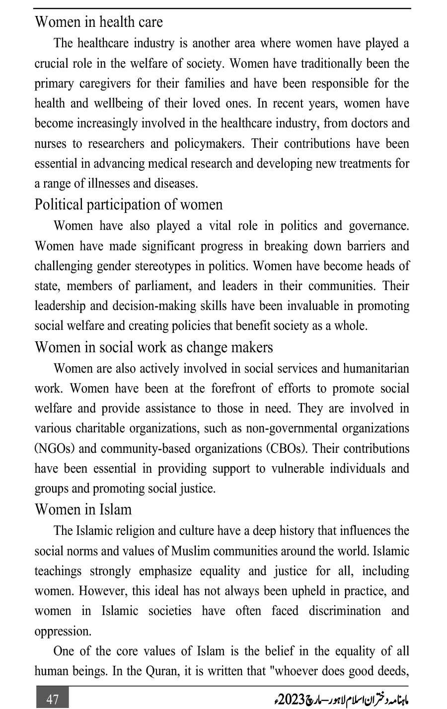 Multi-Dimensional Role of Women in Society